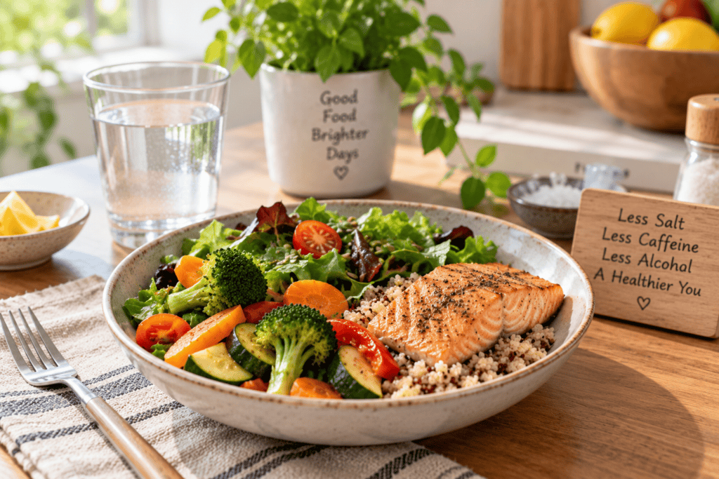 Fresh low-salt healthy meal with vegetables and a glass of water on a clean table.