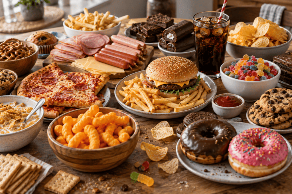 Table containing ultra-processed foods, sugary drinks, fried foods, and processed meats associated with an inflammatory dietary pattern.