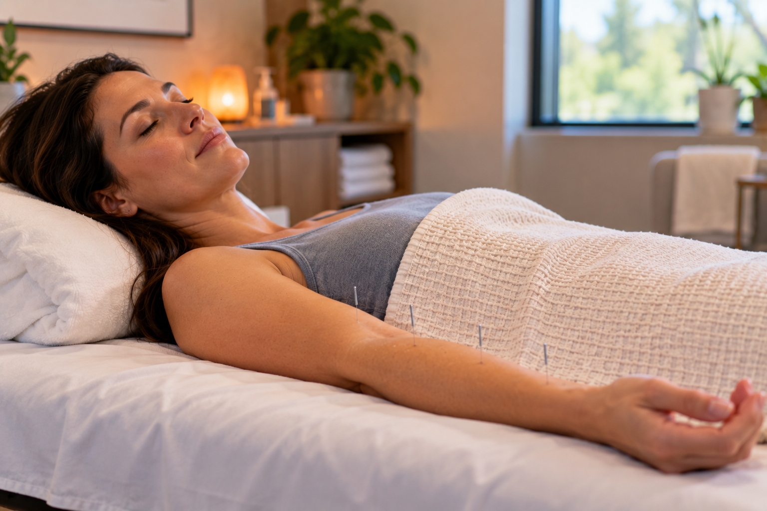 Person lying relaxed on a treatment table with eyes closed and fine acupuncture needles in the forearm.