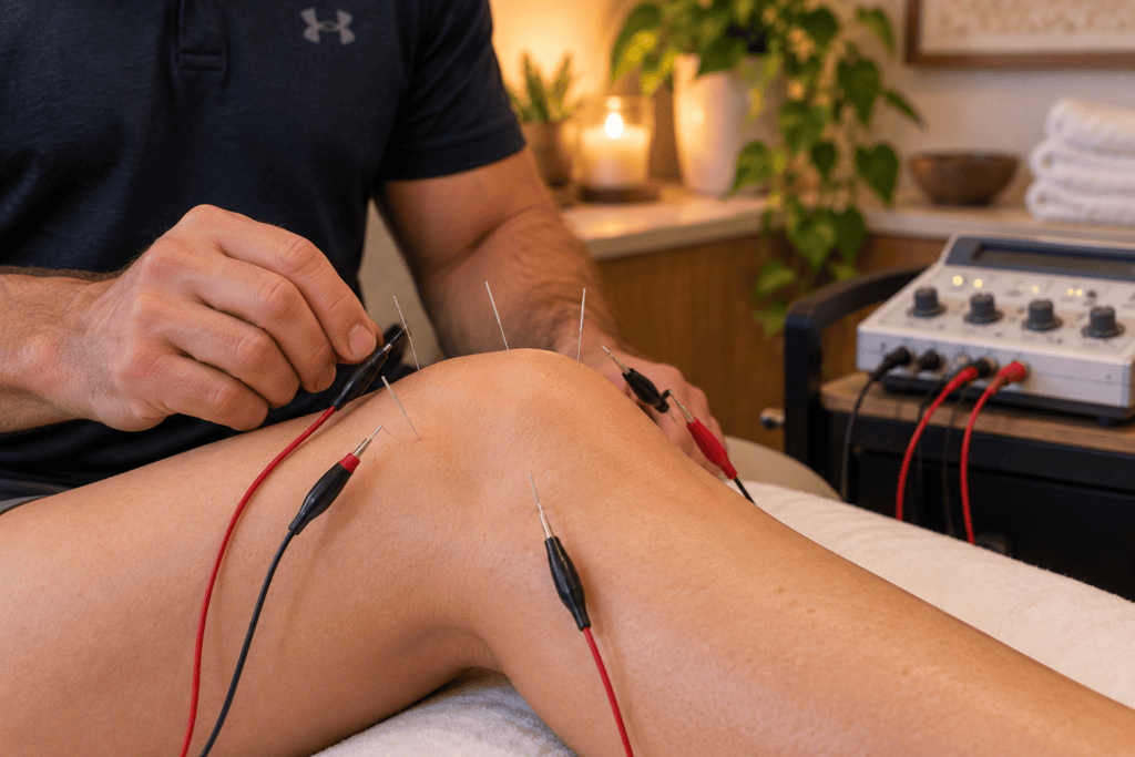 Acupuncturist using electroacupuncture around the exposed knee of a patient experiencing joint pain.
