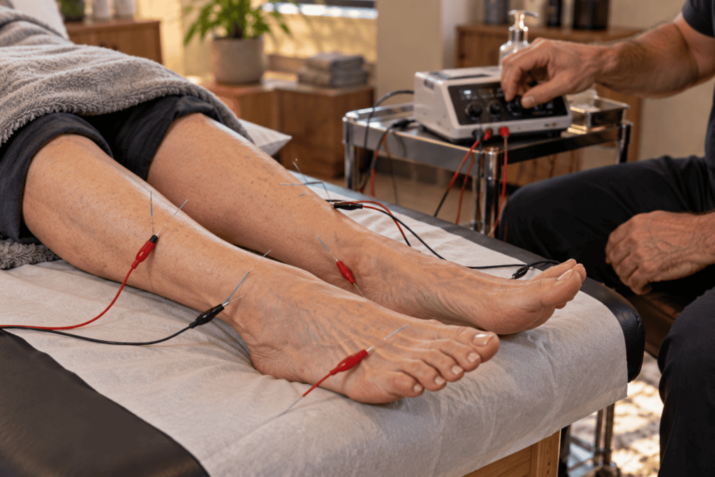 Older woman receiving electroacupuncture on her lower legs and feet for peripheral neuropathy.