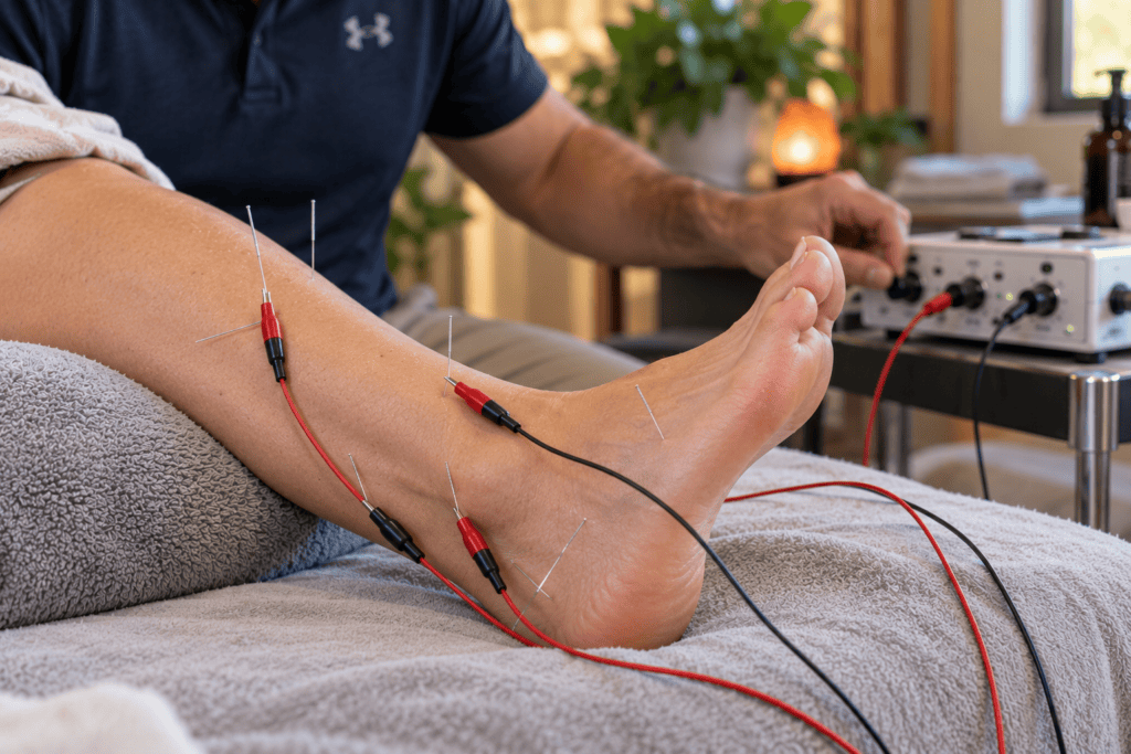 Woman receiving electroacupuncture around the heel and lower leg for persistent plantar fasciitis.