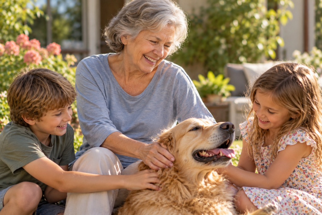 Older woman smiling and spending time outdoors with her grandchildren and a dog after finding relief from postherpetic neuralgia.