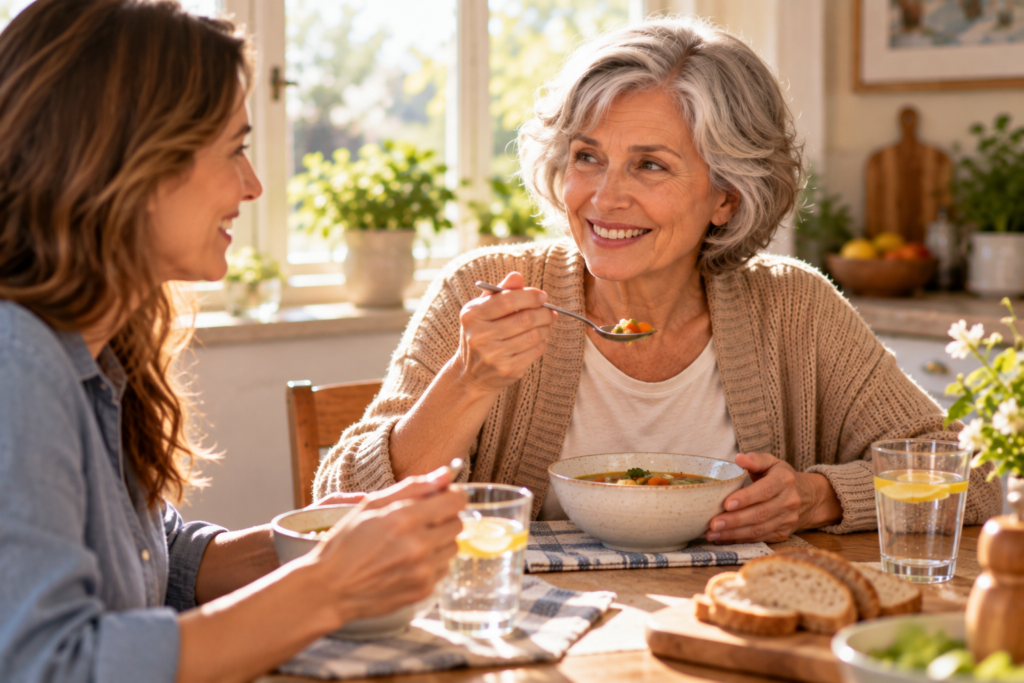 Older adult enjoying a warm bowl of soup with a family member at a sunny table, smiling.