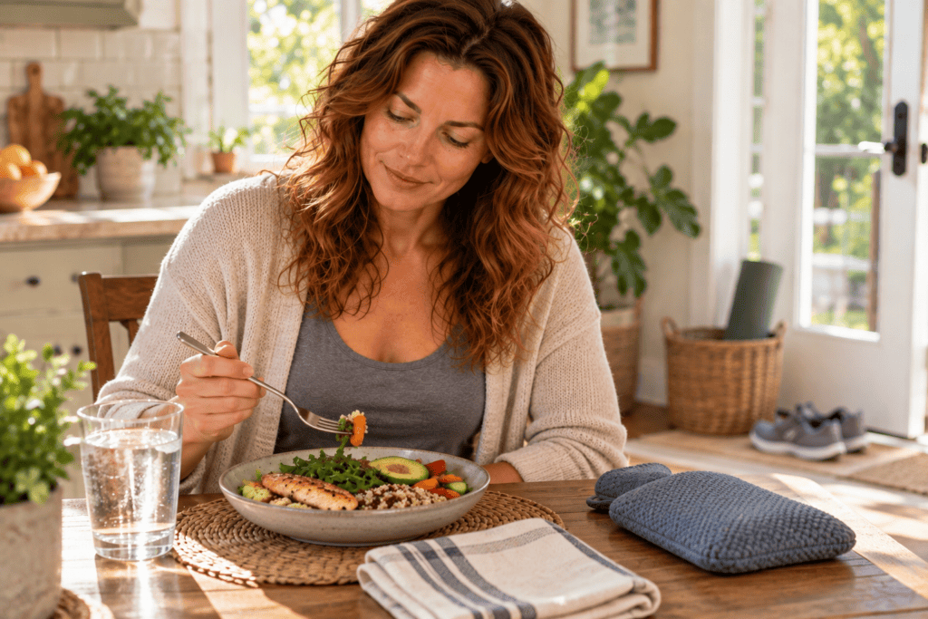 Woman eating a calm, balanced meal with water while practicing everyday habits that can help manage IBS.