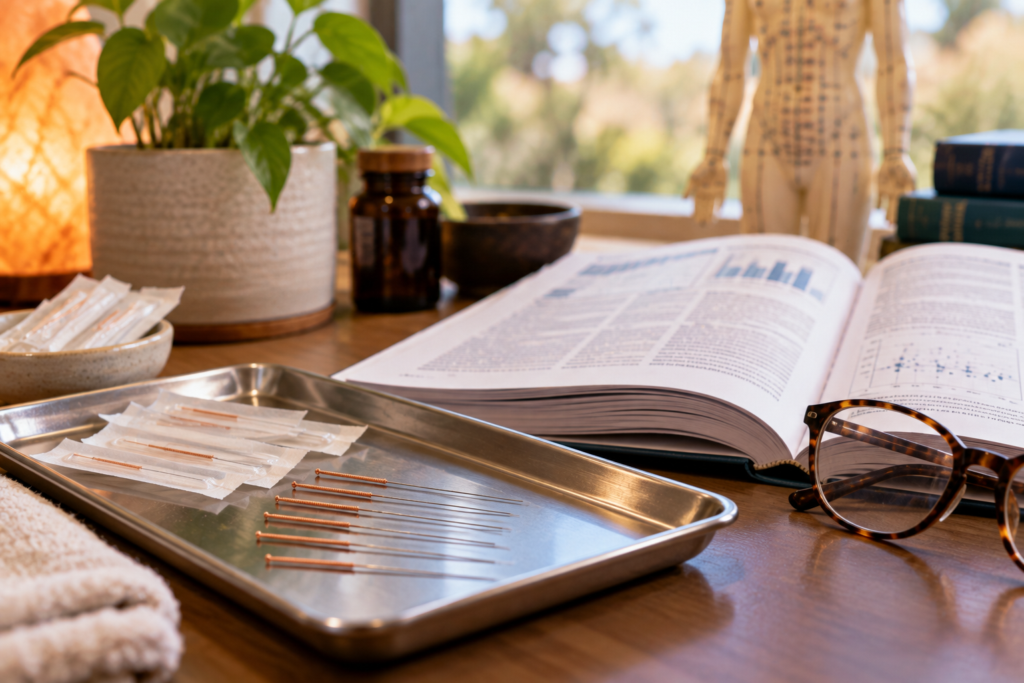 Fine acupuncture needles on a clinical tray beside an open journal and reading glasses.