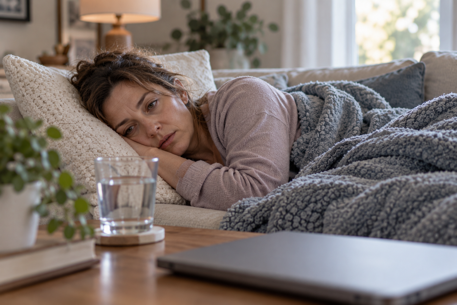 Woman lying on a couch under a blanket in the daytime, eyes heavy with exhaustion.