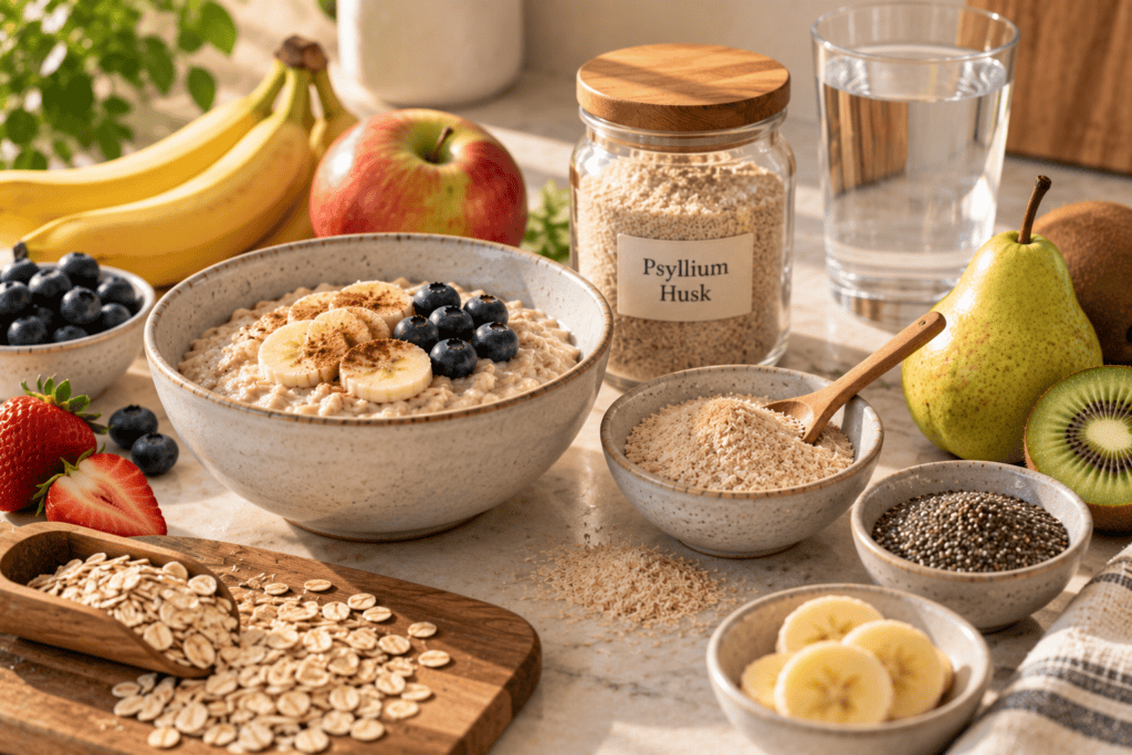 Soluble-fiber foods like oats, psyllium, and fruit arranged on a clean surface.