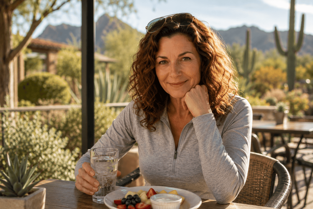 Healthy woman in her early 50s enjoying a relaxed Scottsdale morning during menopause.