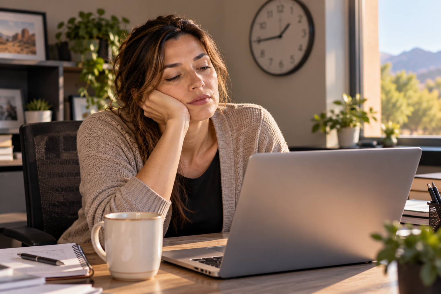 Person at an office desk with chin on hand, eyelids drooping, fighting to stay awake.