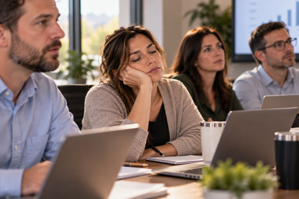 Tired woman sitting with coworkers during an office meeting, struggling to keep her eyes open.