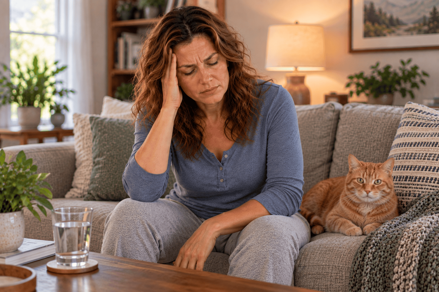 Woman sitting on her living room couch with a hand to her head during a wave of vertigo, with her orange cat beside her.