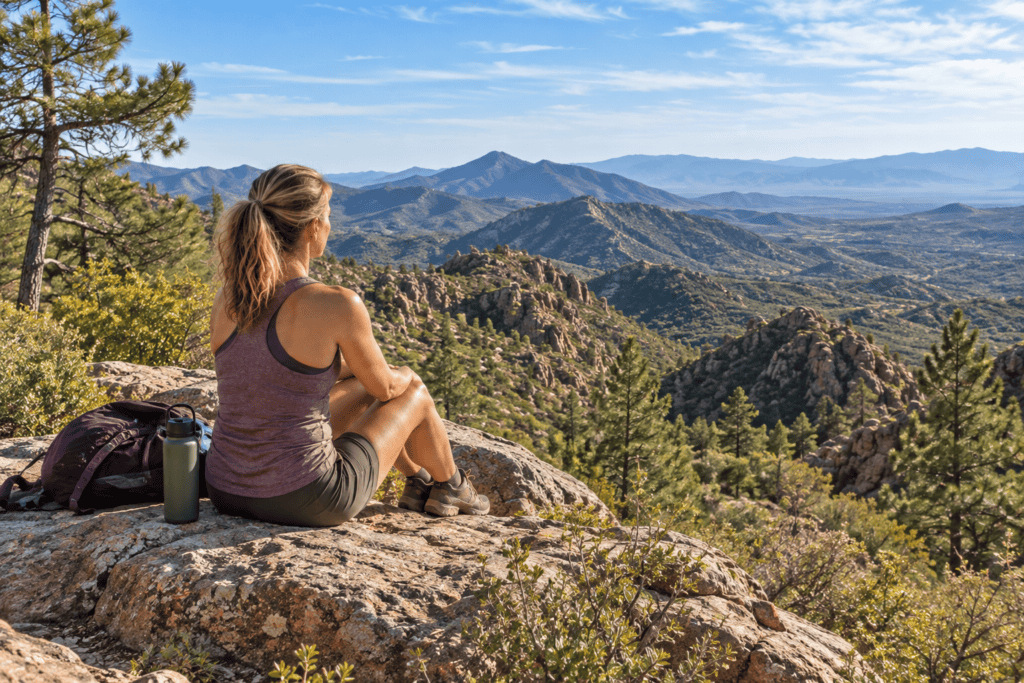 Woman sitting quietly on a mountain overlook in Arizona’s Bradshaw Mountains.