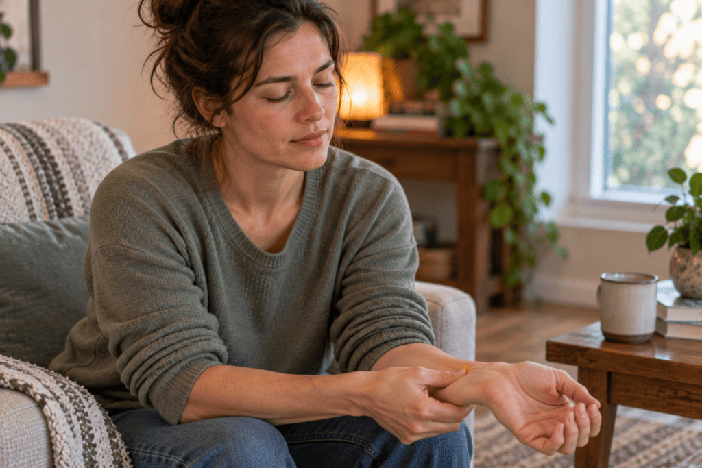 Person seated with feet flat on the floor pressing the inner wrist with eyes closed, settling restlessness.