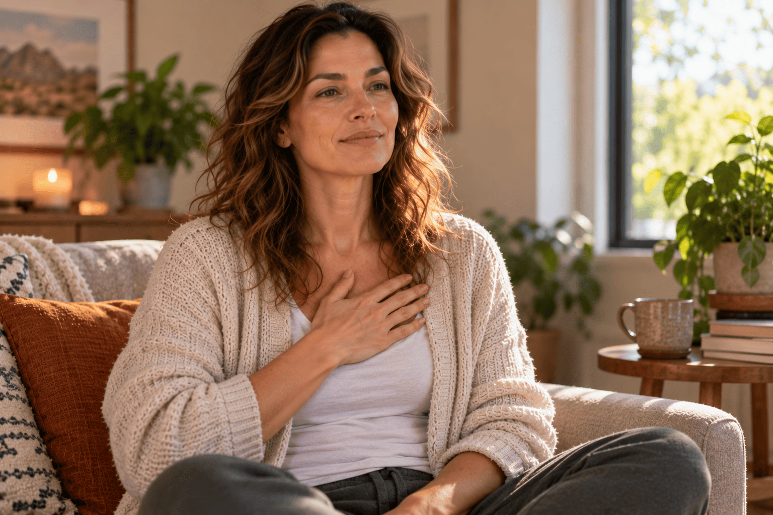 Person sitting calmly with a hand resting over their heart, taking a grounding breath in a safe, quiet room.