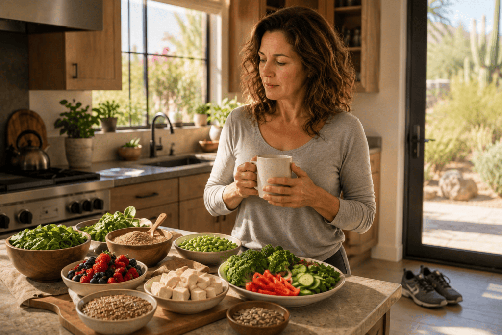 Woman in her early 50s preparing healthy foods in her kitchen while navigating menopause.