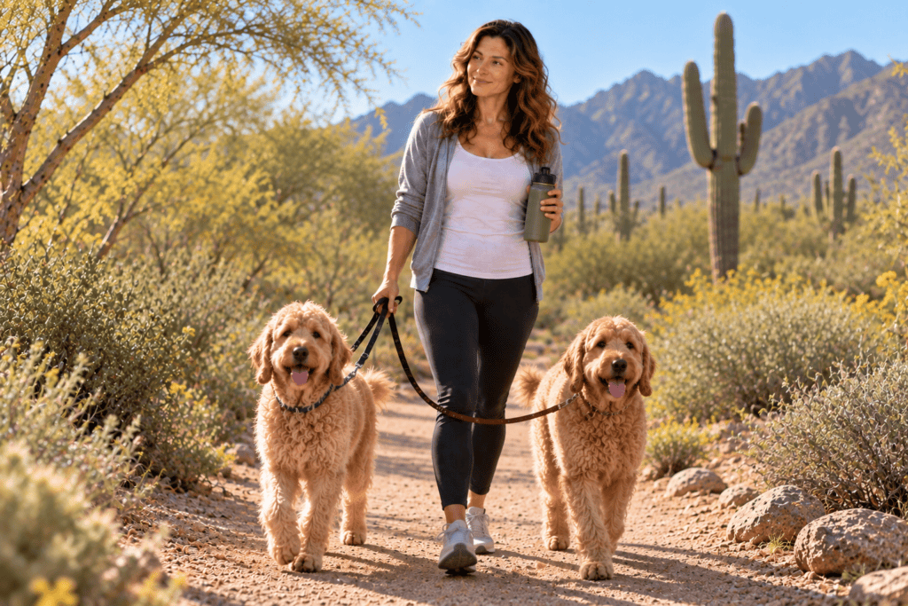 Woman walking two golden retrievers on a Scottsdale desert trail after making thoughtful changes to her diet.