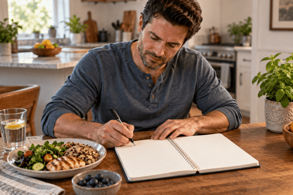 Person writing in a food diary at a kitchen table to identify foods that trigger bloating and gas.