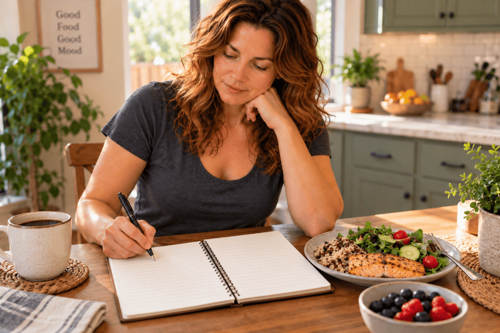 Person writing in a food and symptom diary at a kitchen table to identify IBS trigger foods.