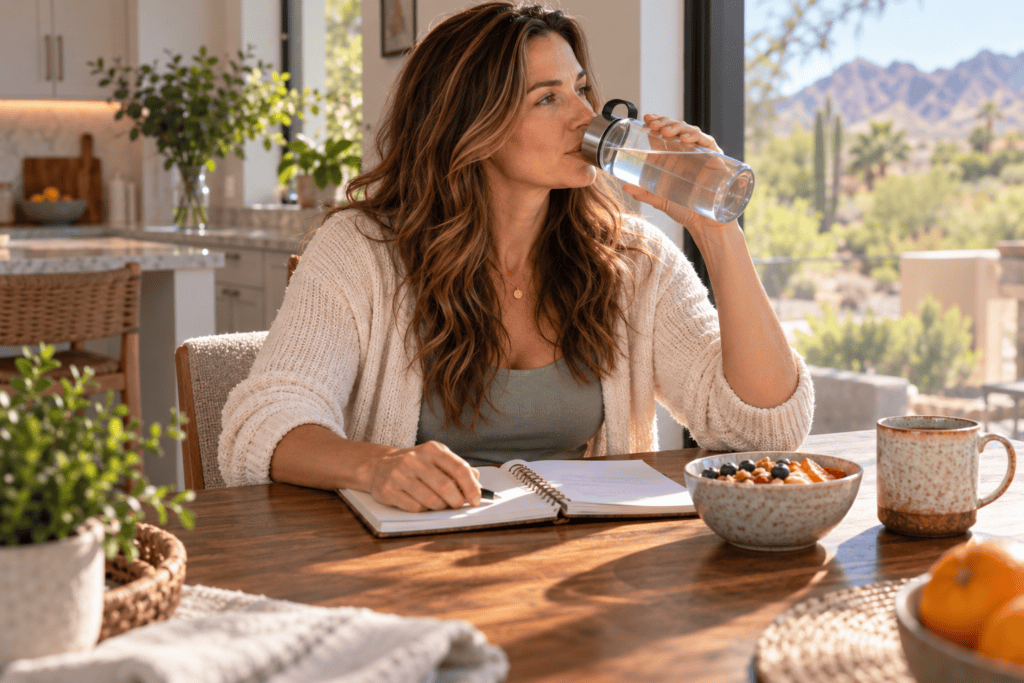 Woman drinking water at breakfast while developing a comfortable daily hydration routine.