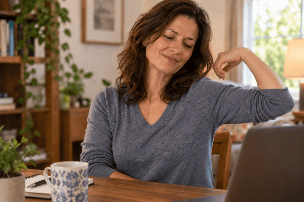 Person moving their shoulder freely and comfortably with a pain-free expression after shoulder pain eased.