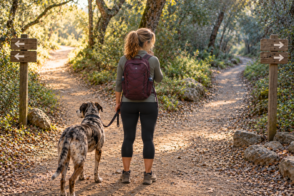 Person hesitating at a fork in a wooded path, looking down each direction.