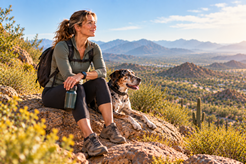 Person walking confidently along a desert trail with a relaxed smile, the start far behind.