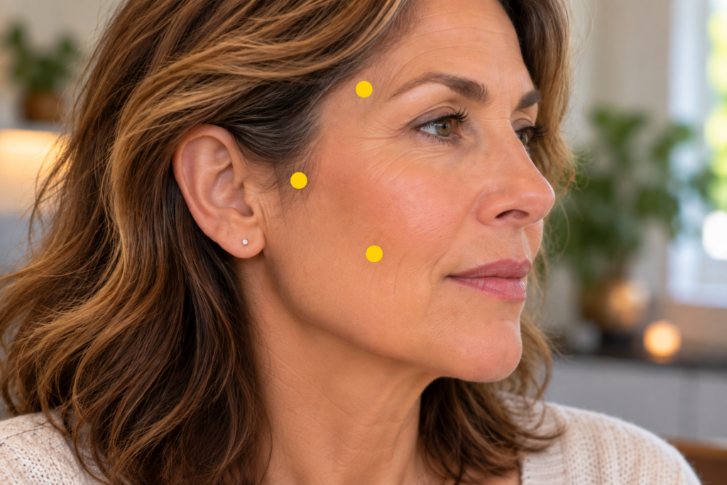 Close-up of a face with yellow dot markers on one side at the forehead above the eyebrow, below the cheekbone, and in front of the ear, indicating GB14, SI18, and ST7.