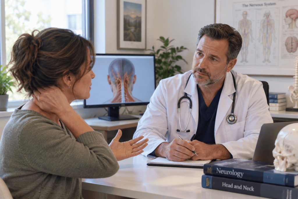 Person talking with an attentive doctor about head and neck pain in a bright office.