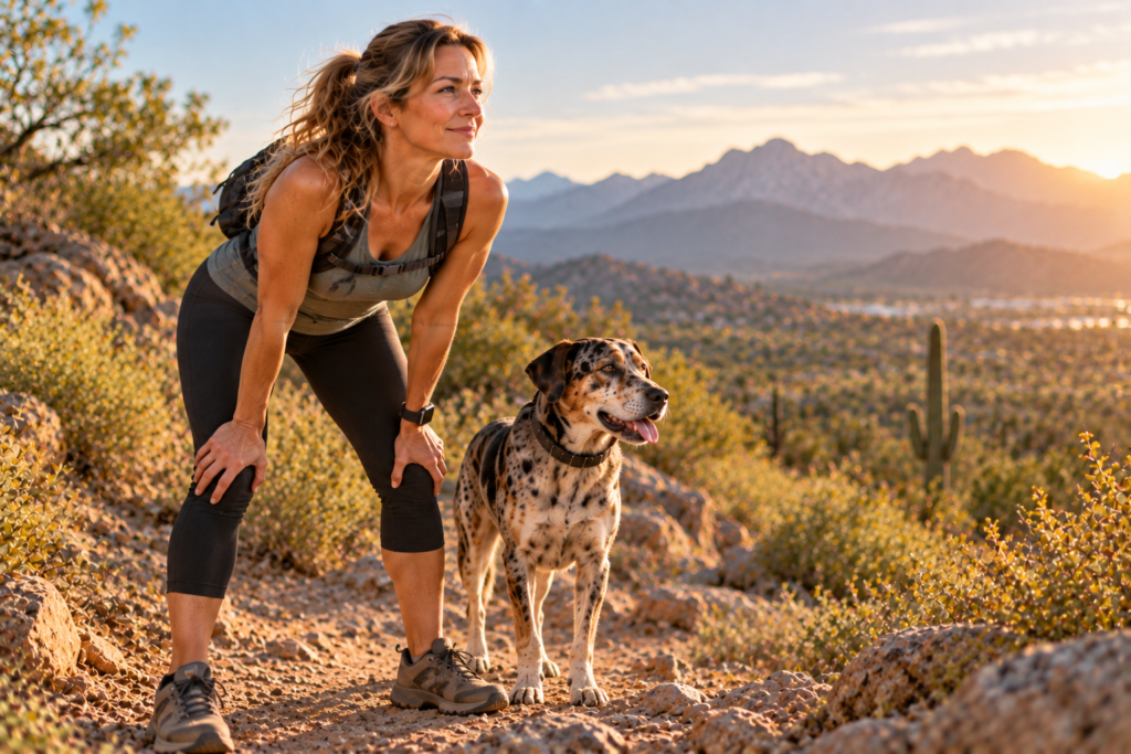 Trail runner pausing with hands on knees, looking ahead with quiet determination.