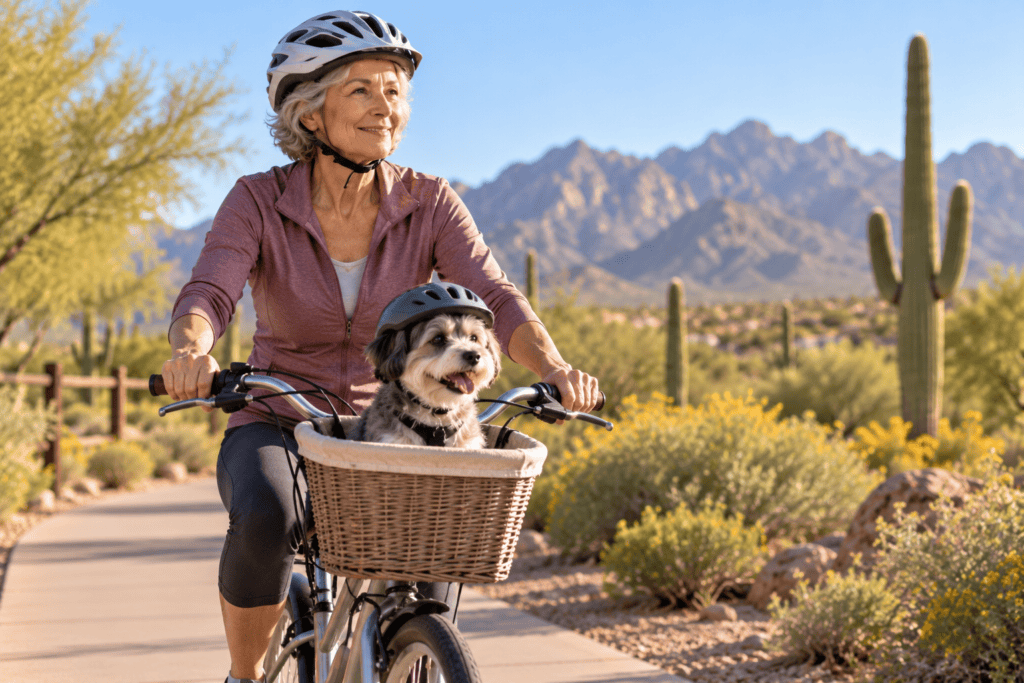 Older woman riding a bicycle through Scottsdale with her small dog wearing a helmet in the front basket.