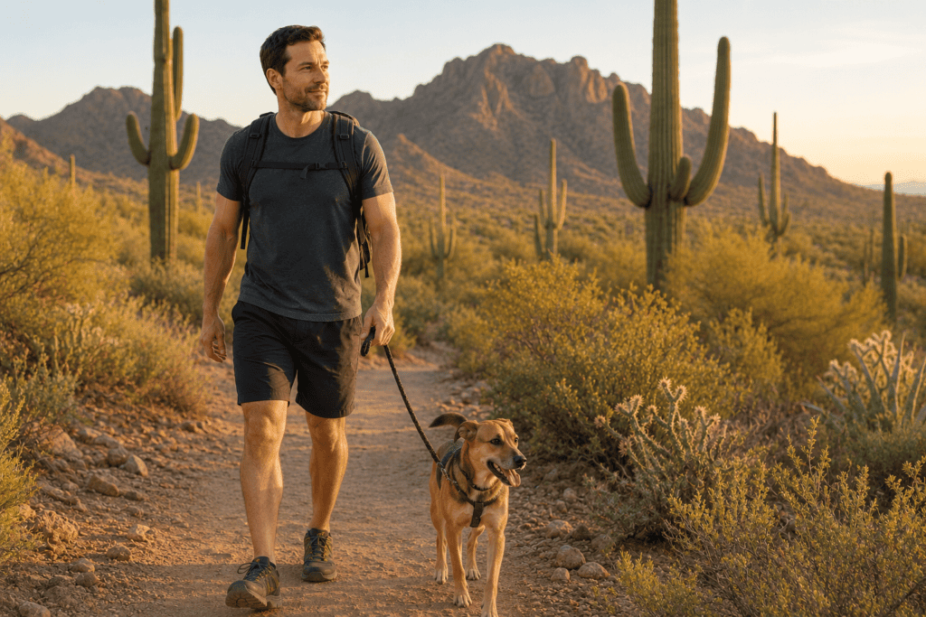 Man walking comfortably with his dog on a Scottsdale desert trail after dealing with persistent pain.