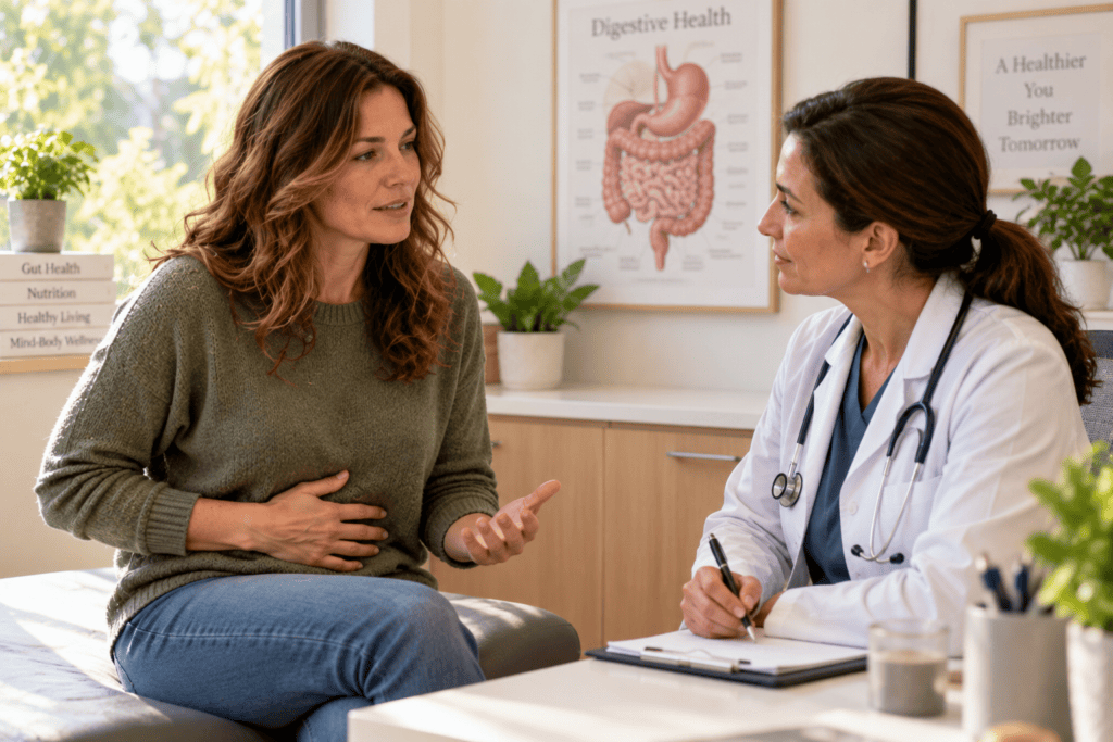 Person talking with an attentive doctor about digestive symptoms in a bright office.