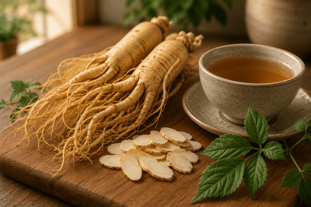 Fresh ginseng root and a cup of ginseng tea arranged on a wooden kitchen surface.
