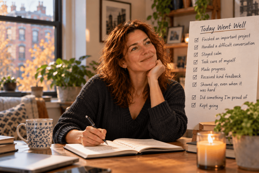 Woman reflecting on her accomplishments and acknowledging the things she handled well during the day.