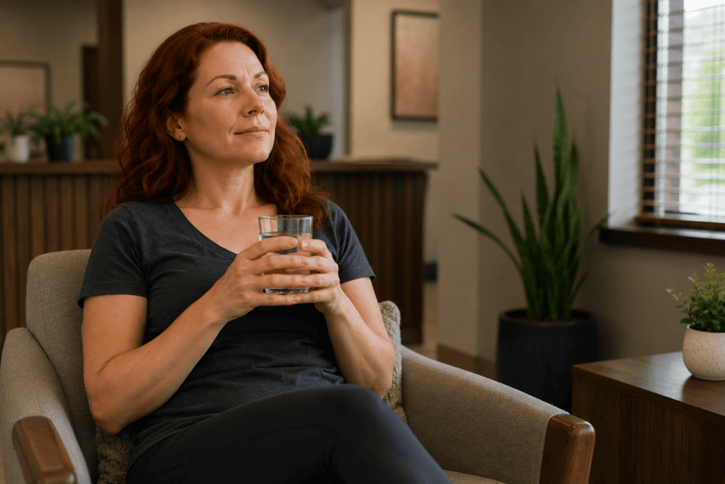 Woman relaxing with a glass of water after completing her first acupuncture treatment.