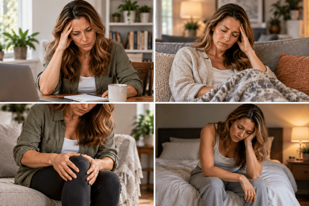 Four scenes showing a woman experiencing brain fog, headache, joint discomfort, and fatigue.