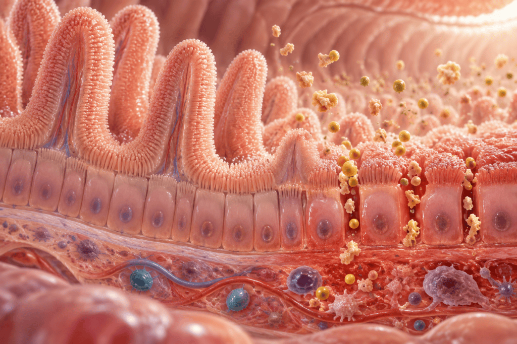 Medical visualization showing increased permeability between cells of the intestinal lining.