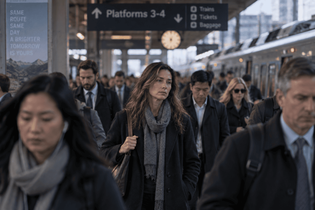 Commuters moving through a train station, one person in the middle looking blank and detached.