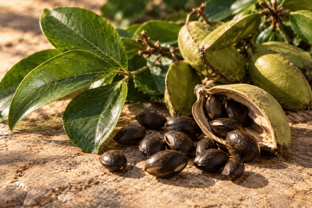 Griffonia simplicifolia seeds and foliage representing the botanical source commonly used to produce 5-HTP supplements.