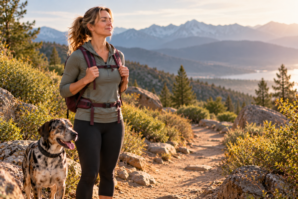 Person standing still on a mountain trail with eyes closed, breathing deeply, the path continuing ahead.