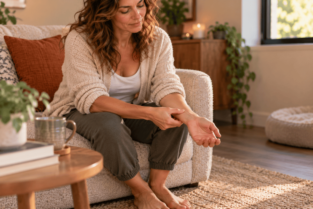Person gently pressing the inner wrist with feet flat on the floor, grounded and calm.