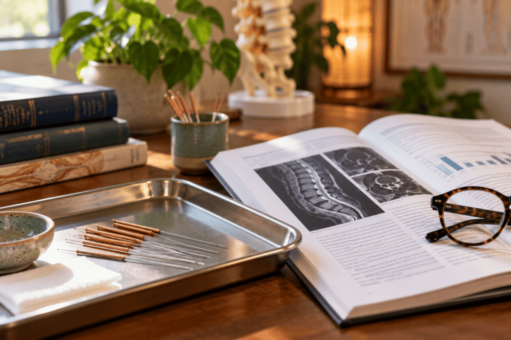 Fine acupuncture needles on a clinical tray beside an open journal and reading glasses.