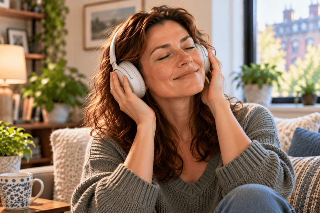 Woman smiling comfortably while listening to music through headphones after the pressure in her ears has eased.
