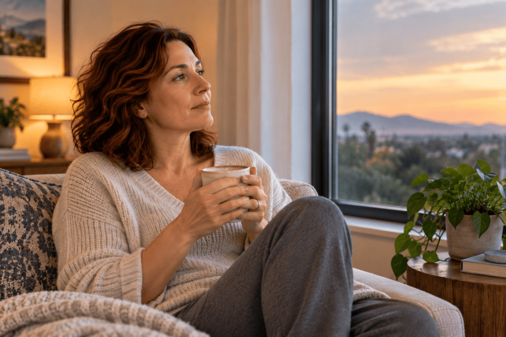 Woman sitting calmly at home as her body settles after a stressful day.
