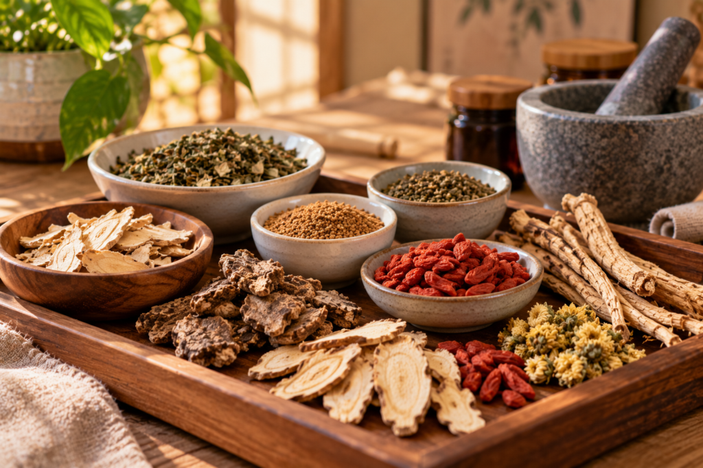 Dried Chinese herbs, roots, and bowls of herbal granules arranged on a wooden tray.