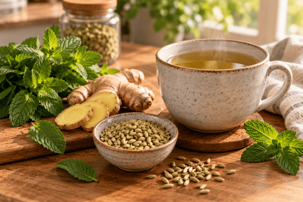 Warm herbal tea beside fresh peppermint, ginger, and fennel seeds on a clean wooden surface.