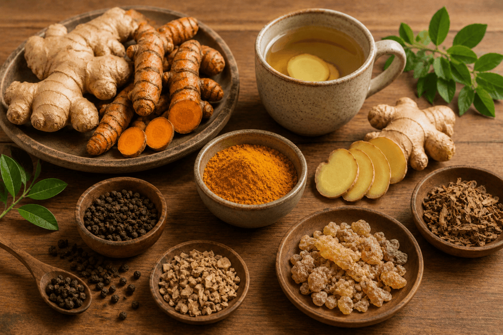 resh turmeric, ginger, black pepper, and herbal tea arranged on a wooden kitchen surface.