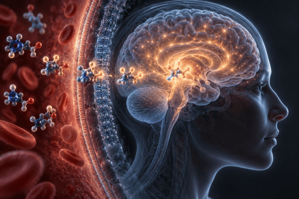 Biomedical visualization of 5-HTP entering the brain as part of the body’s pathway for producing serotonin.