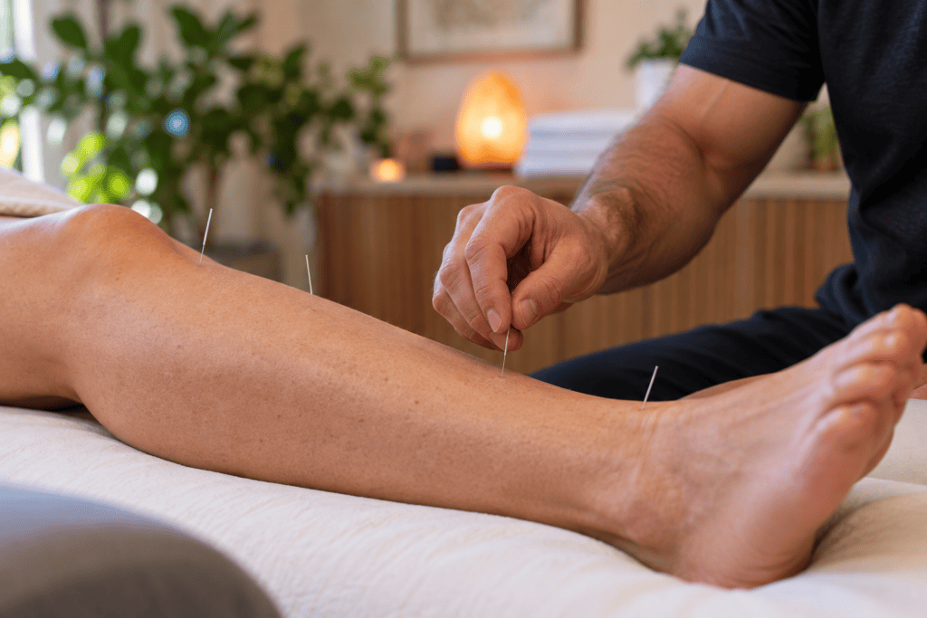 Close-up of fine acupuncture needles placed into exposed skin on a patient’s lower leg.